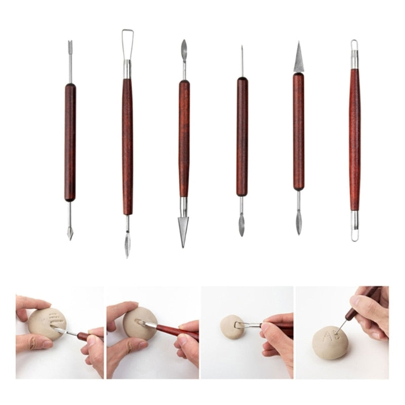 17pcs Pottery Clay Sculpting Tools Set Double Sided Wooden Handle Carving Point Drill Pen with Scraper Apron Sponge B03E