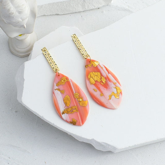 Pink Metal Polymer Clay Drop Earrings: Geometric Designs